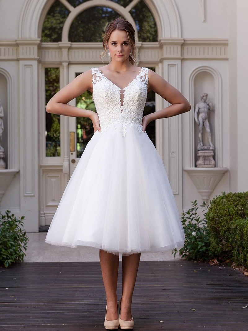 Visionary 'Savannah' Tea Length Wedding Dress with V-neckline, Scoop Back,  Lace and Tulle Skirt